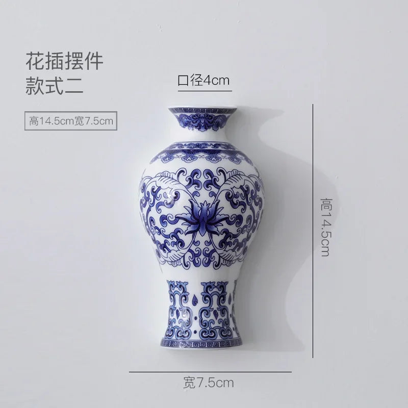 Antique Blue and White Porcelain Wall-Hanging Vase Ceramic Flower Container for Lucky Bamboo and Living Room Decor