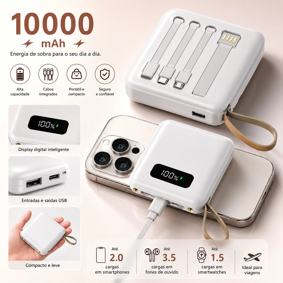 10,000mAh Portable Power Bank – Fast Charging, LED Digital Display, Built-in Cables & Flashlight