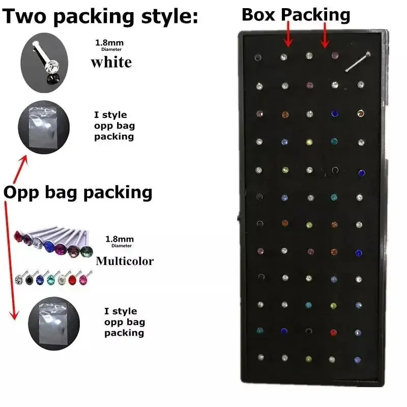 40/60-Piece Crystal 316L Stainless Steel Nose Piercing Kit - Straight L Studs & Helix Body Jewelry
