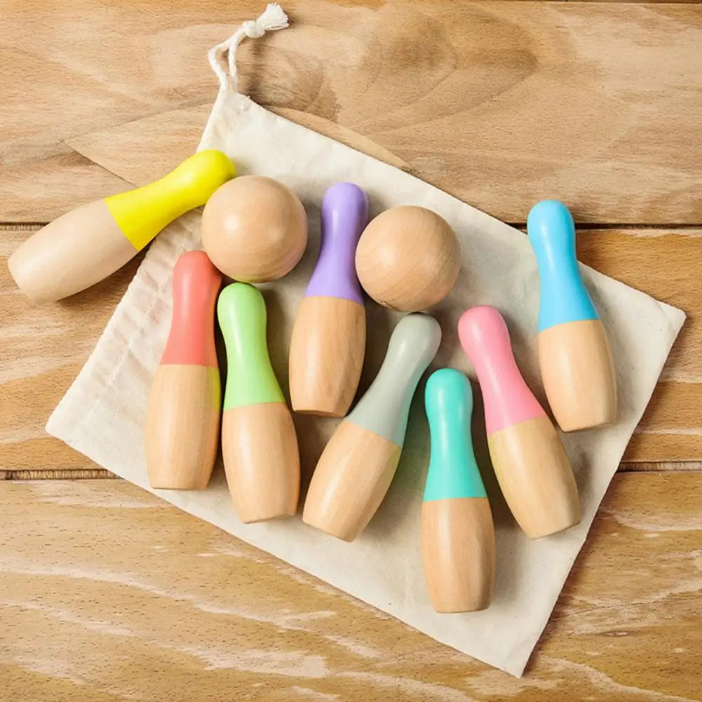 Wooden Kids Bowling Set - Indoor & Outdoor Toddler Bowling Game, 10 Pins & 2 Balls