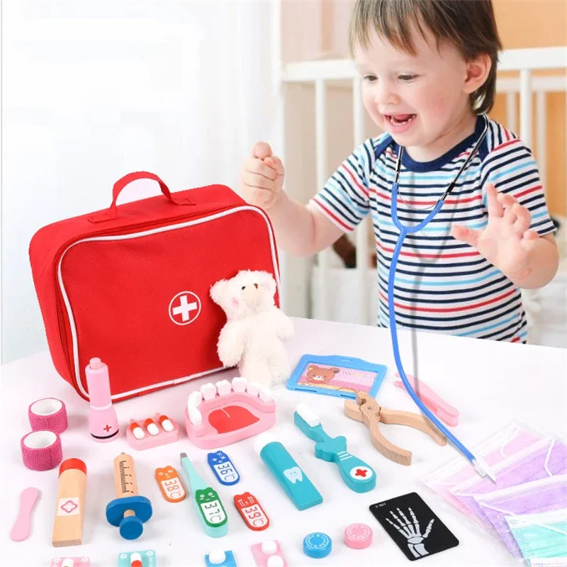 Wooden Doctor and Dentist Pretend Play Set for Kids, Educational Medical Role Play Toy