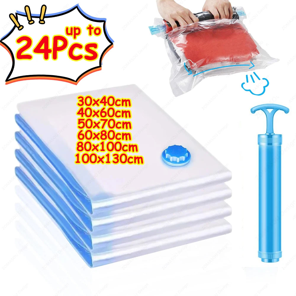Reusable Vacuum Storage Bags — 1–24 Pack Space-Saving Compression Bags for Clothes, Blankets & Travel (11.8–51.2 in / 30–130 cm)