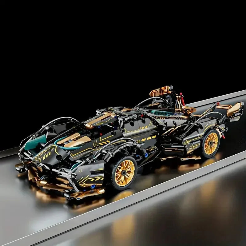 V12 Micro Building Block Racing Car Model – Black & Gold Desktop Collectible, Birthday Gift