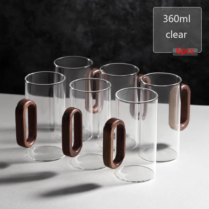 2/4/6-Pack Borosilicate Glass Mugs with Walnut Wooden Handle, 360 ml (12.2 fl oz) Heat-Resistant Teacup Set for Coffee, Milk & Juice
