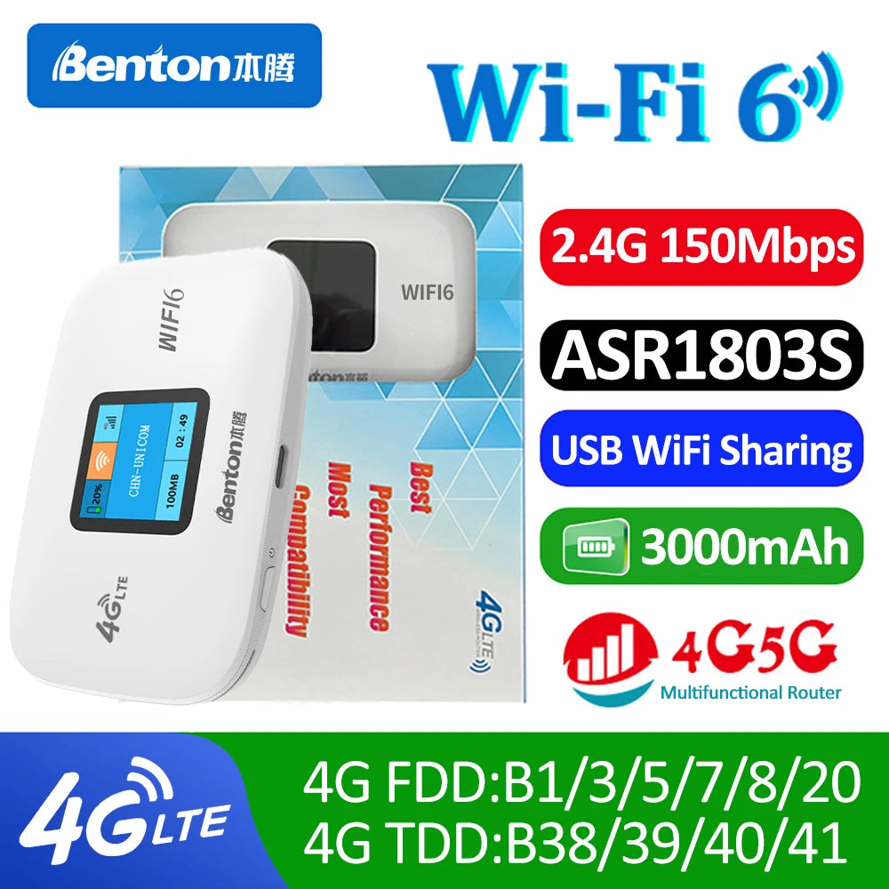 Unlocked MiFi WiFi 6 Mobile 3G/4G LTE Router with SIM Slot - 2.4GHz 150Mbps Portable Travel WiFi Hotspot