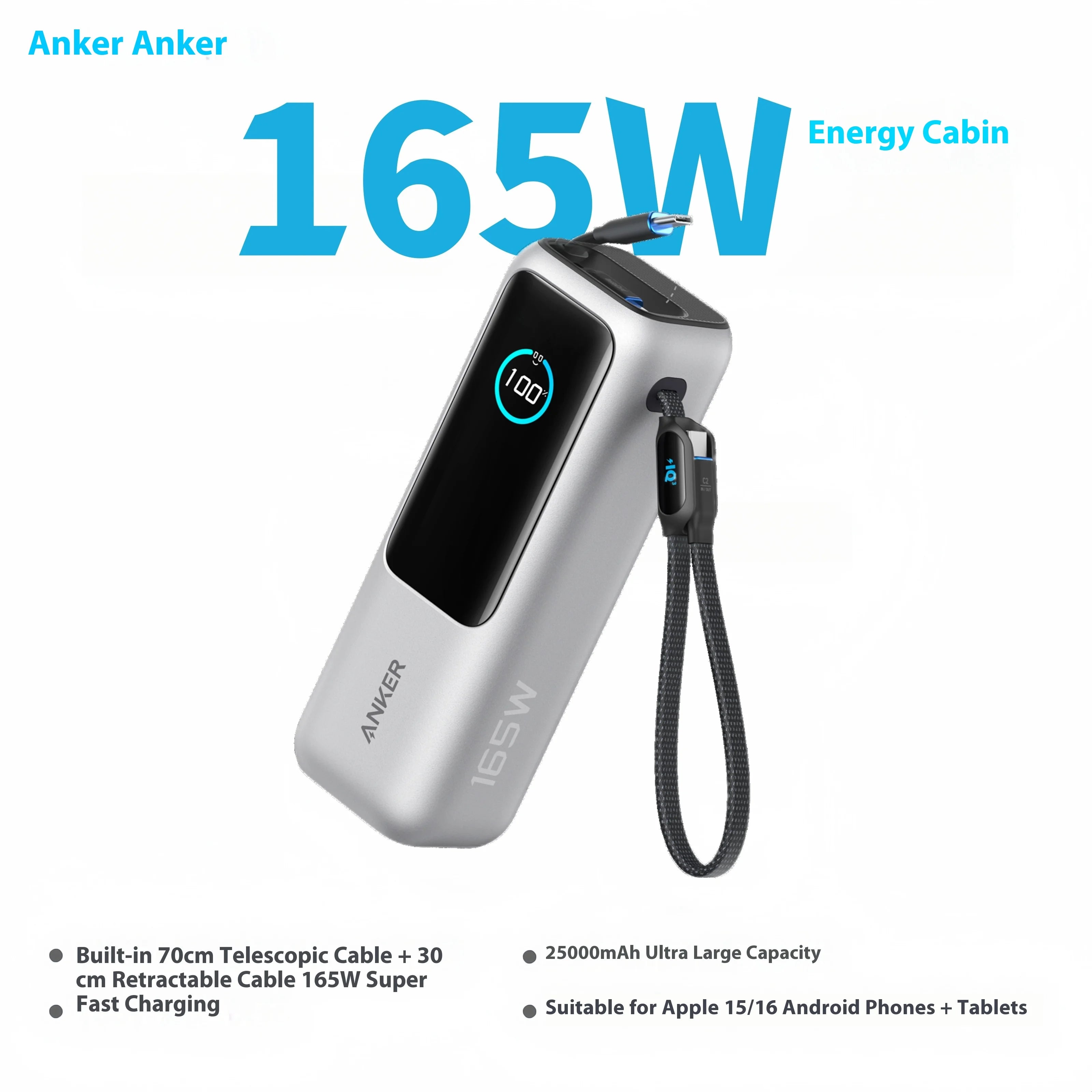 165W 25000mAh Portable Power Bank with Retractable Cables, 100W USB-C Fast Charge, Dual USB Output, Lightweight Metal Charger