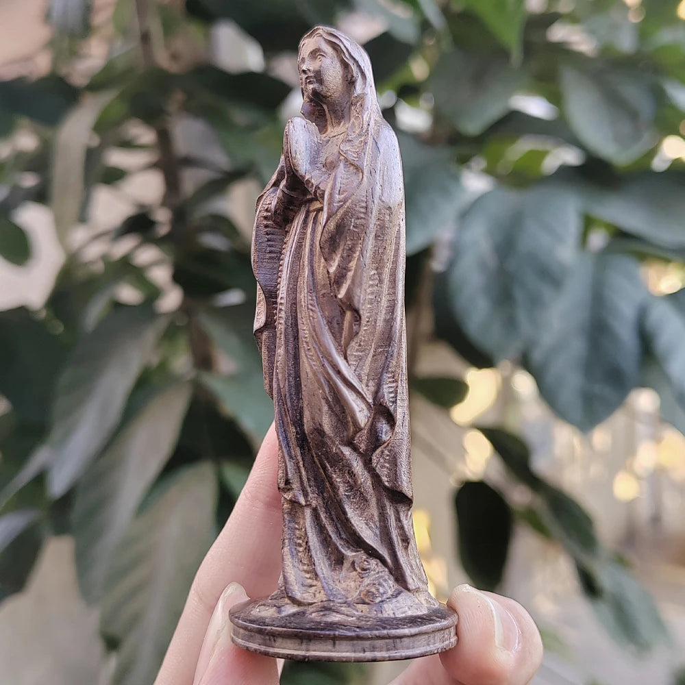 Hand-Carved Wooden Virgin Mary Figurine – Polished Tabletop Statue, Traditional Religious Home Decor & Gift
