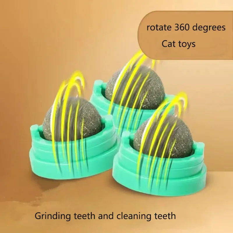 Wall-Mounted Catnip Ball Toy for Cats — 3 cm (1.2 in) Mint Ball, 4.5 cm (1.8 in) Base • Self-Rotating Interactive Cat Toy for Scratching & Dental Health