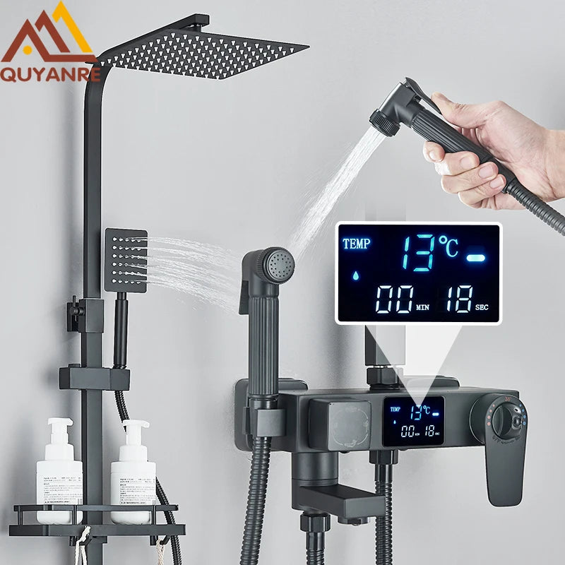 Black Thermostatic Shower Mixer with Digital Display, 4-Way Valve, 8-Inch (20 cm) Rainfall Head & Shelf