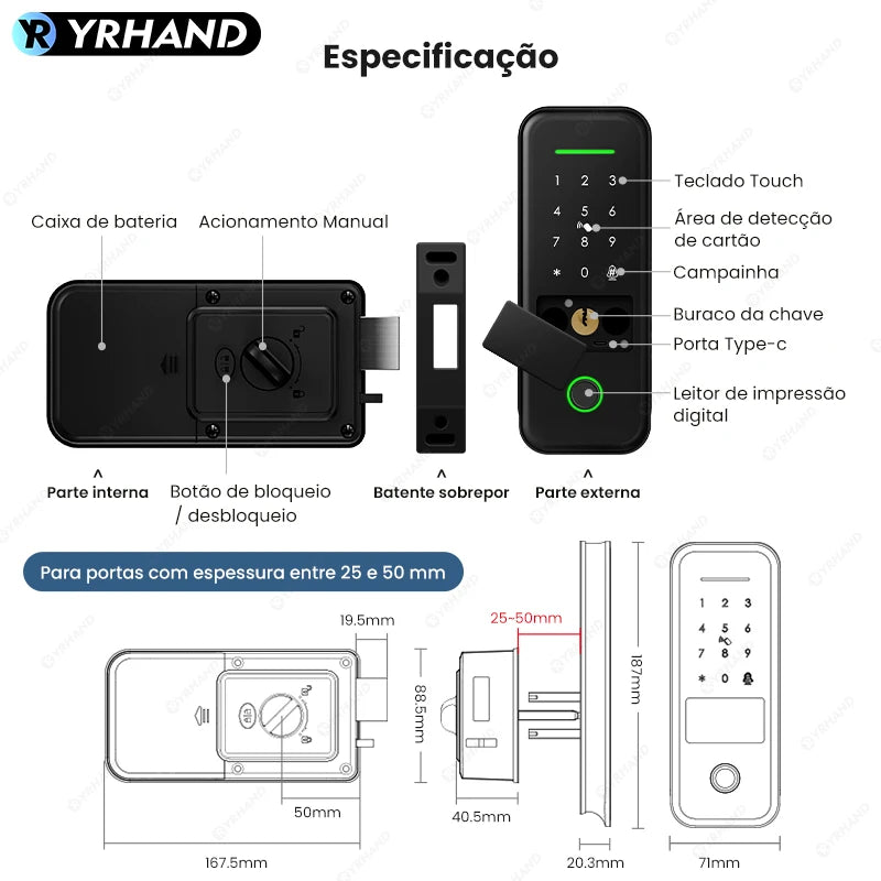 Waterproof WiFi Fingerprint Electronic Rim Door Lock - IP66 Smart Keypad, Card & App Access