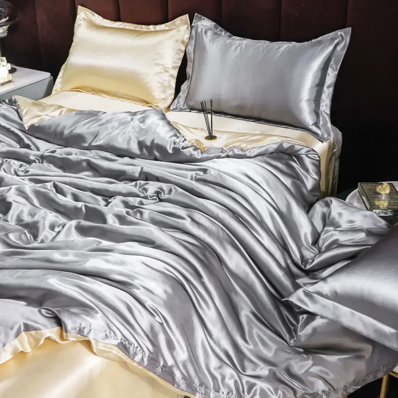 Ice Silk Satin 4-Piece Duvet Cover Set – Silky Solid Color Bedding (Duvet Cover + 2 Pillowcases + Sheet), Fits 1.5–2.2 m (5–7 ft) Beds