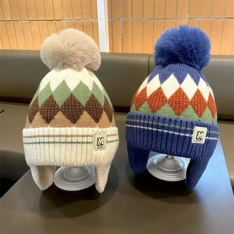 Kids Knitted Winter Beanie with Pom Pom & Earflaps - Fleece-Lined Windproof Toddler Hat 48-54 cm (18.9-21.3 in) - Children's Gift