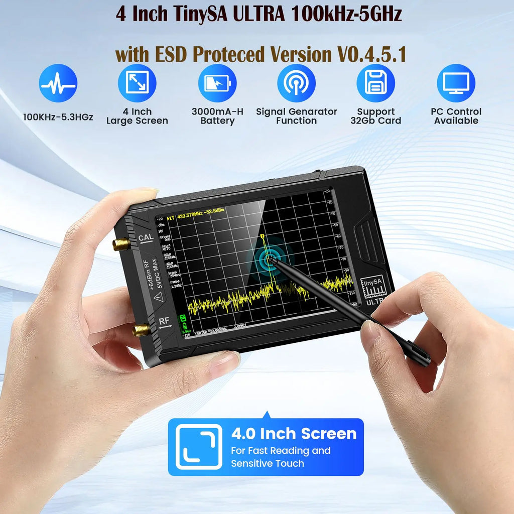 Handheld Spectrum Analyzer 4-inch (10.2 cm) Display 100 kHz–5.3 GHz with 32GB microSD, SMA Antenna & Network LAN Tester