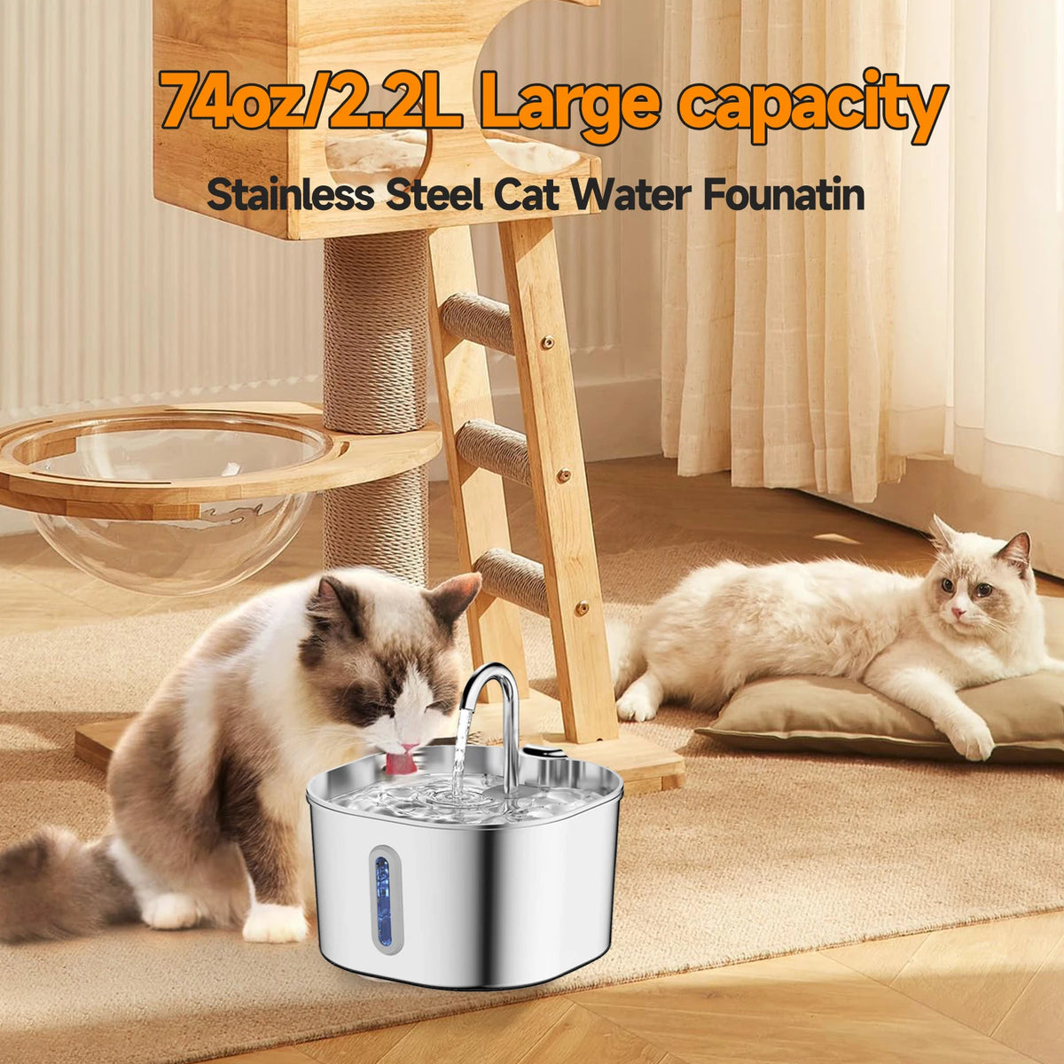 Stainless Steel Pet Water Fountain 2.2L (74.4 fl oz) Ultra-Quiet Pump with Filter, Water-Level Window & LED Light