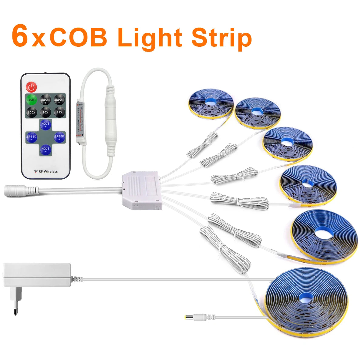 Dimmable COB LED Strip Light 12V DC (EU Plug) with RF Remote, Under-Cabinet & Cabinet Lighting