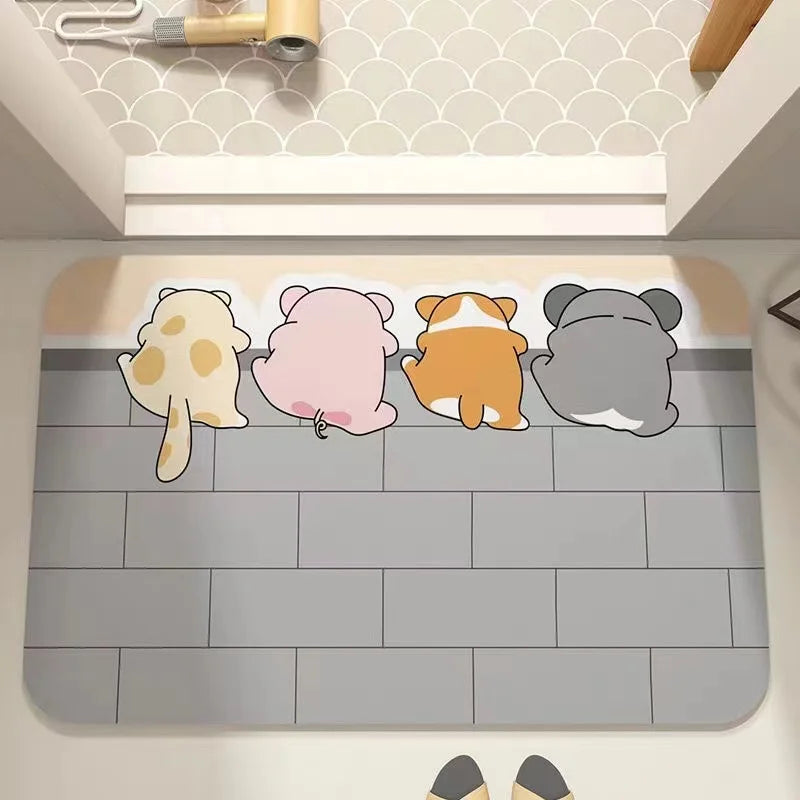 Cartoon Diatomaceous Earth Absorbent Bathroom Floor Mat - Quick-Dry Non-Slip Bath Rug for Toilet, Sink, Bedroom
