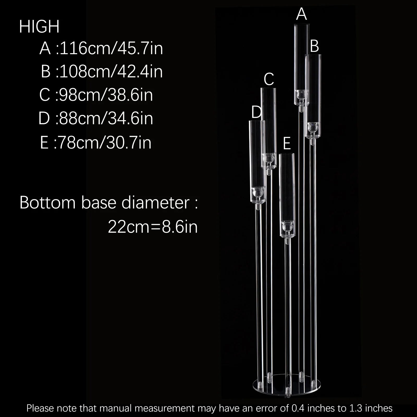 10-Pack Clear Acrylic 5-Arm Floor Candelabra 45.7in (116cm) – Wedding Table & Ceremony Centerpiece Candlestick Holder (LED Taper Compatible)