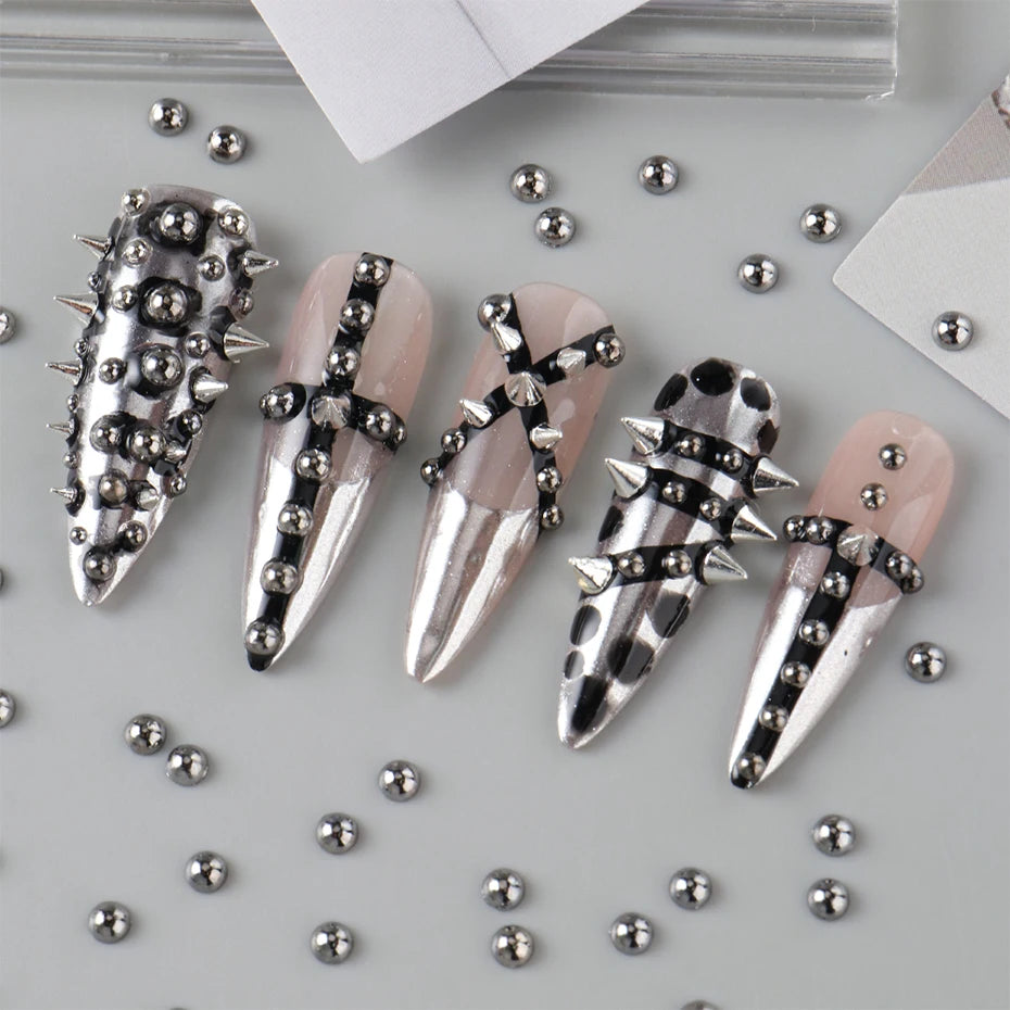 12-Grid Silver Gothic Punk Nail Charms - Metal Rivet Studs for DIY Nail Art Y2K Grunge