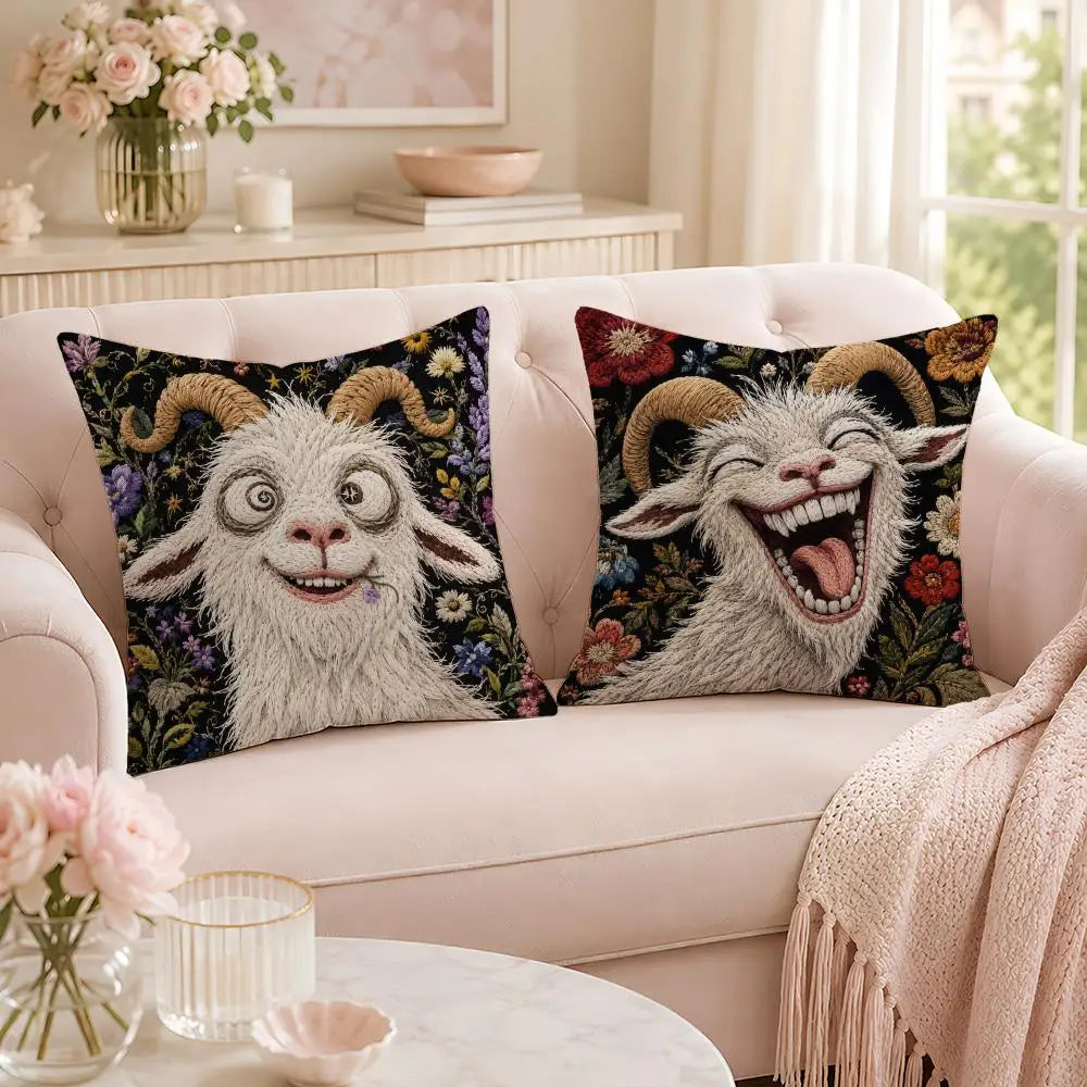 Funny Screaming Goat Plush Pillow Cover — Short Plush Cushion Case, Breathable & Washable with Invisible Zipper