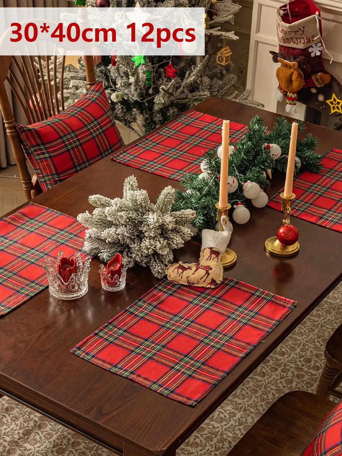 Christmas Tartan Plaid Placemats - 2/6/12 Pack Washable Table Mats for Holiday Dining & Party Decor