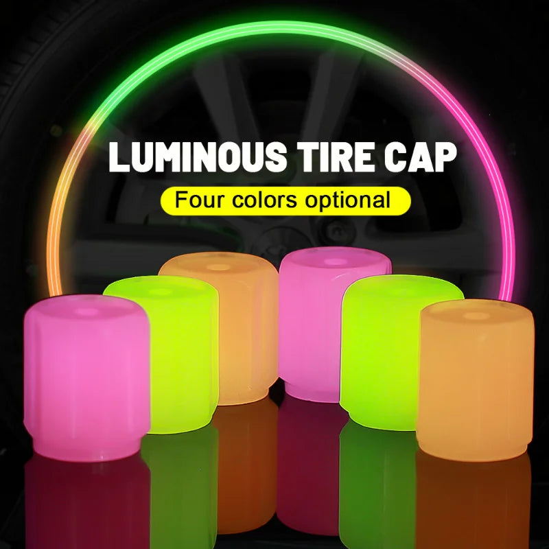 Glow-in-the-Dark Luminous Tire Valve Caps Set of 4 — Fluorescent Wheel Valve Stem Caps Universal for Car Motorcycle Bicycle