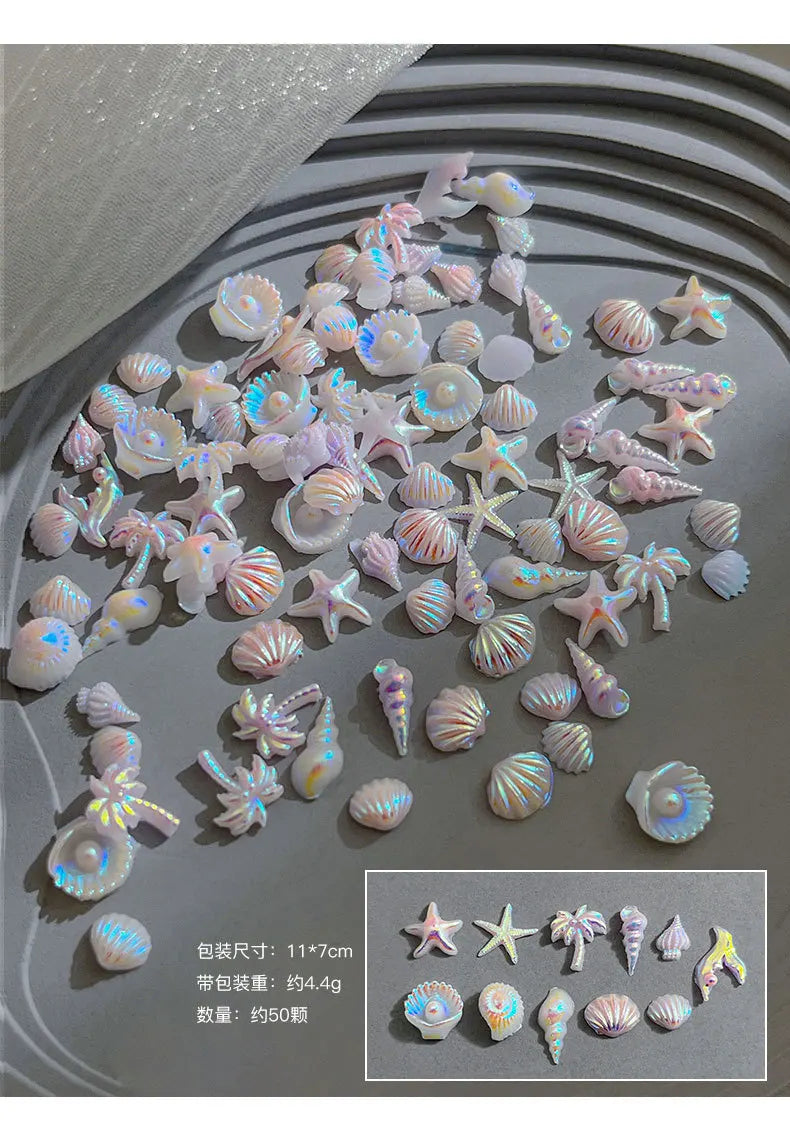 50pcs Summer Ocean 3D Nail Charms – Aurora Shell, Starfish & Fish Tail Nail Art Decorations