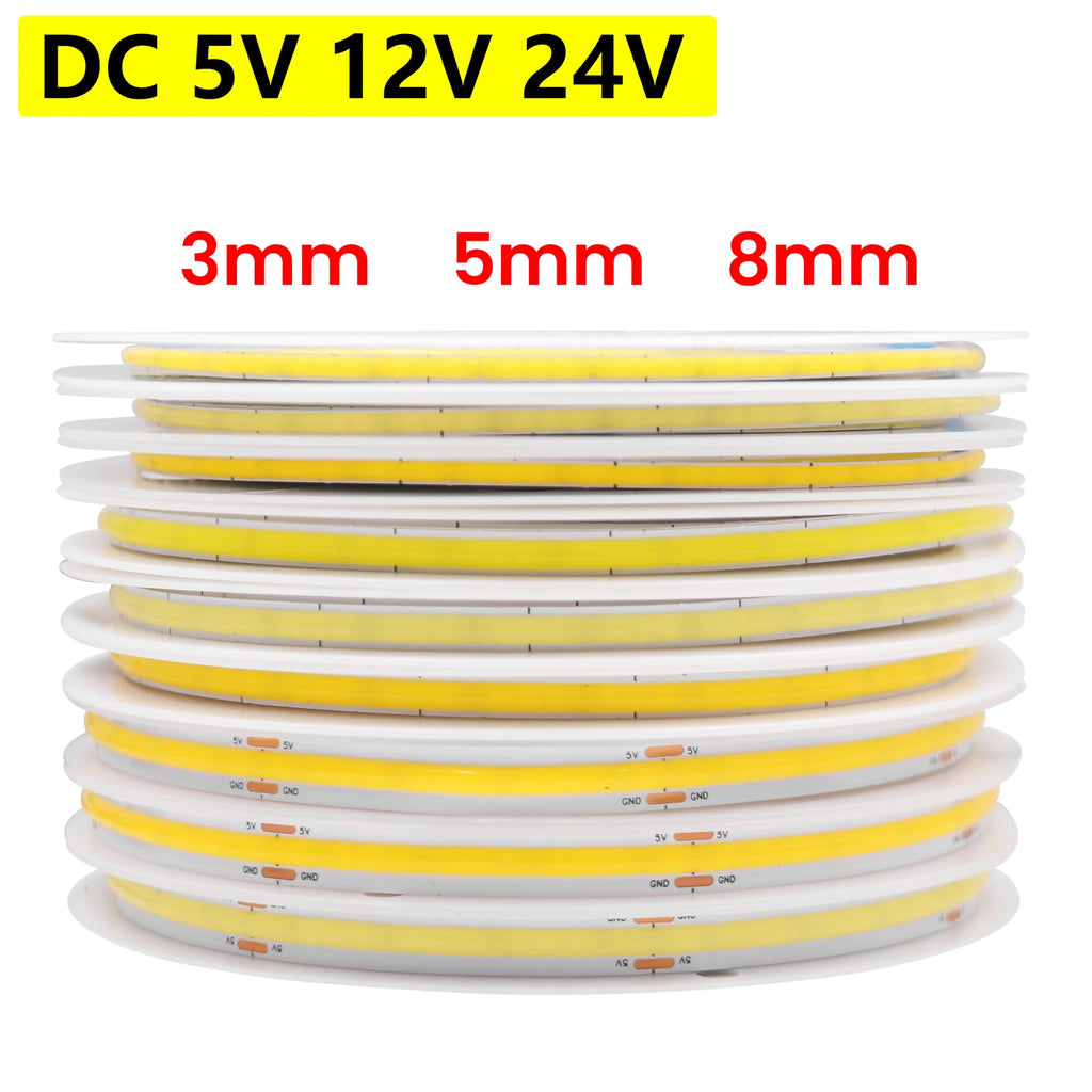 COB High-Density Flexible LED Strip Light – 320/384/480/528 LEDs/m, DC 5V/12V/24V, 3mm/5mm/8mm PCB Tape Light