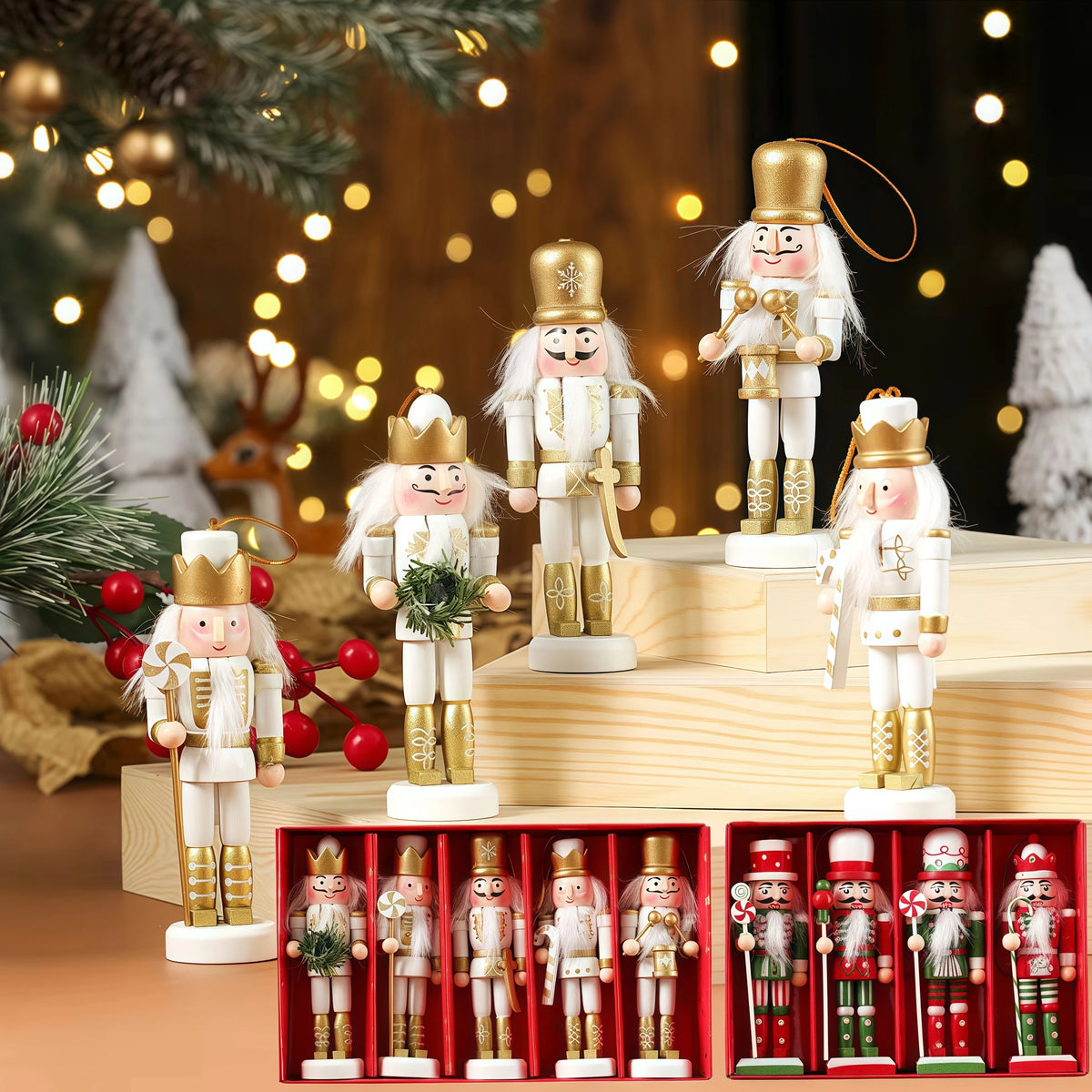 Hand-Painted Wooden Nutcracker Ornaments Set – Mini Soldier Christmas Tree Decorations (3/4/5-Piece)