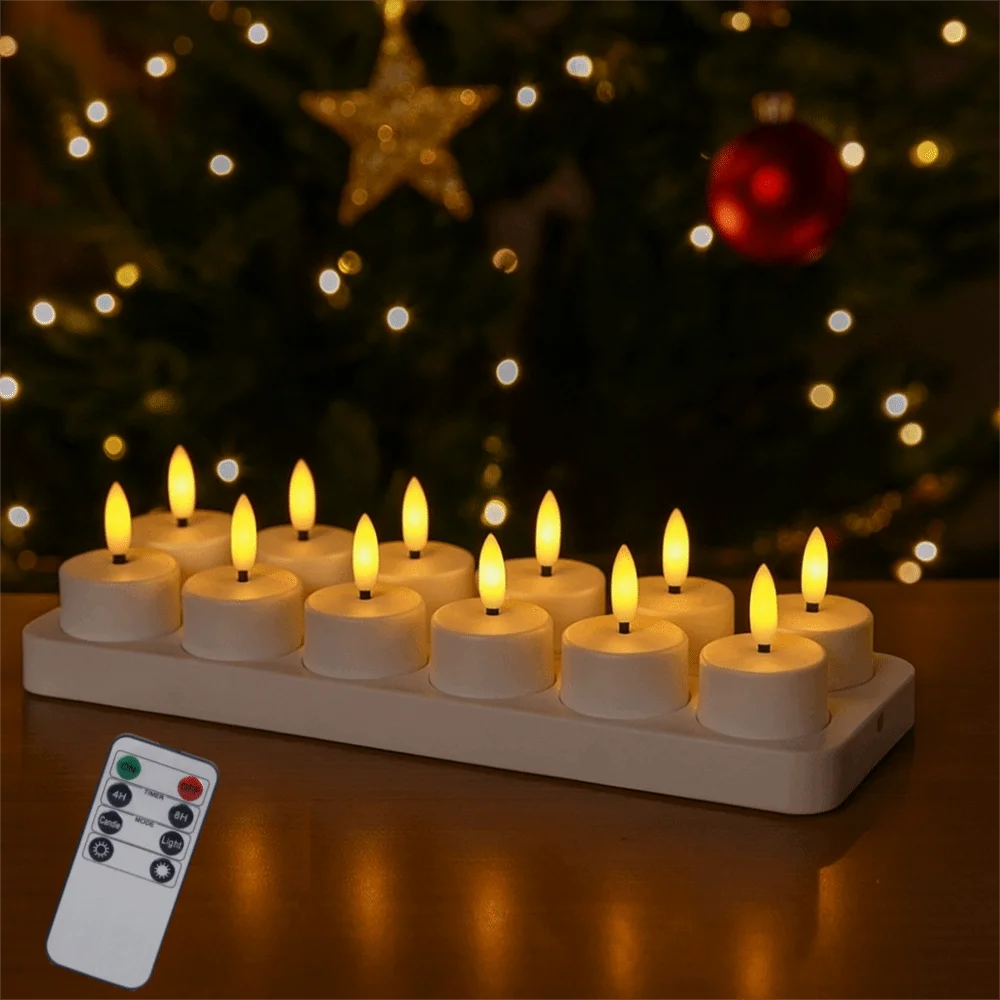 LED Flameless Candle Set 4/6/8/12 Pack – Remote & Charging Base, Battery-Operated Tea Lights for Wedding & Party Decor