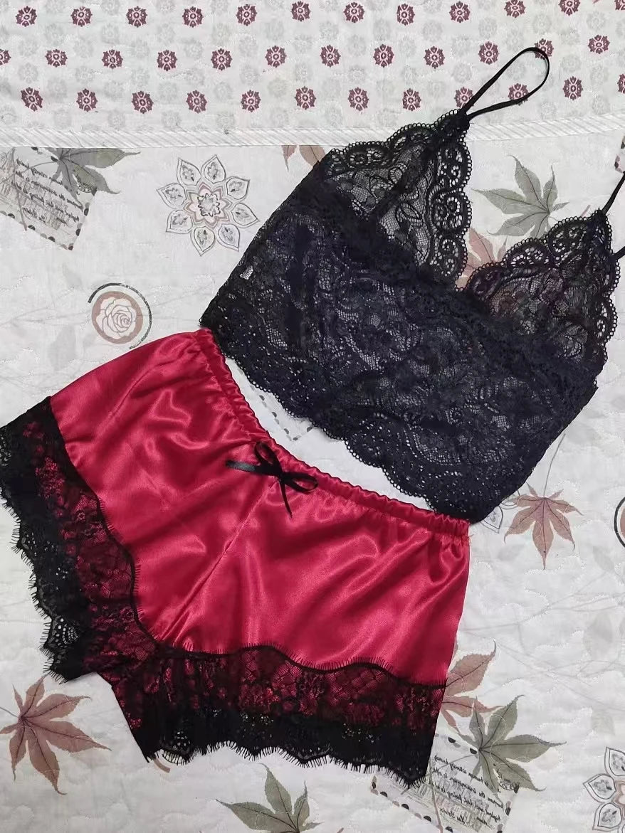2-Piece Women's Lace Sheer Pajama Set - Breathable Suspender Camisole and Shorts, Black and Pink