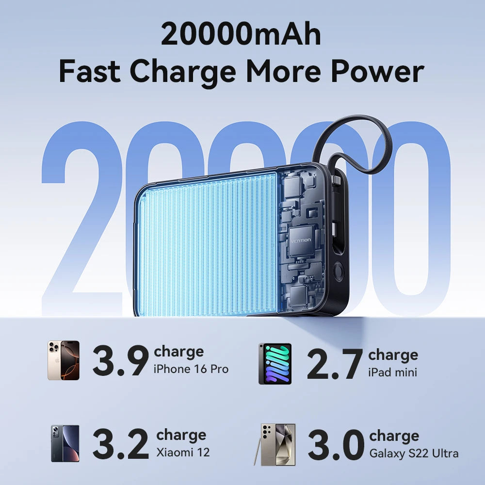 65W PD 20000mAh Portable Power Bank with Built-In USB-C Cable — Fast Charging for Laptops, iPhone & Tablets