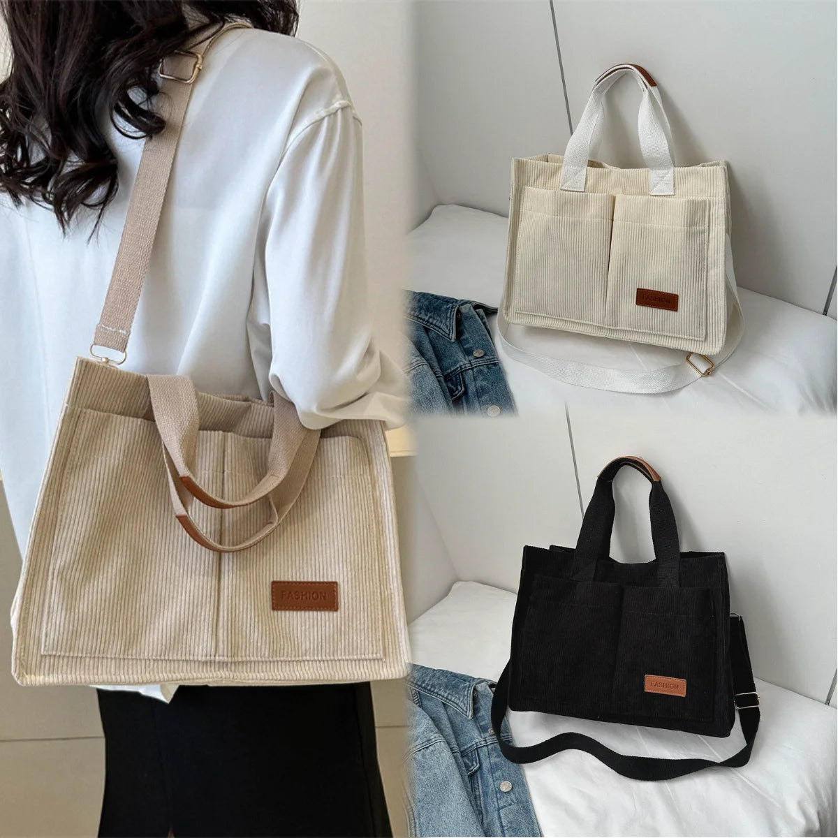 Corduroy Large Women's Tote Bag 13.4 x 9.8 x 5.5 in (34 x 25 x 14 cm) Shoulder Crossbody Commuter Handbag