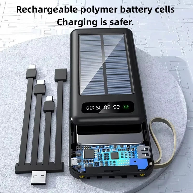 200000mAh Solar Power Bank – Large Capacity Portable Charger with Dual USB, 4 Built-In Cables, Fast Charging & LED Display