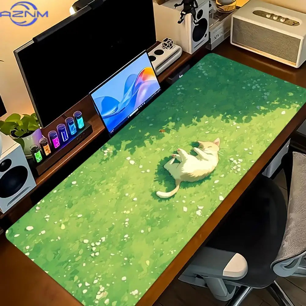 Cute Cat Floral XXL Extended Gaming Desk Mat - Non-Slip Rubber Base with Locking Edge Mouse Pad for Laptop, PC & Home Office