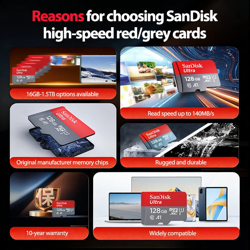 High-Speed microSD TF Card — A1 UHS-I Class 10 V10, 32GB / 64GB / 128GB / 256GB