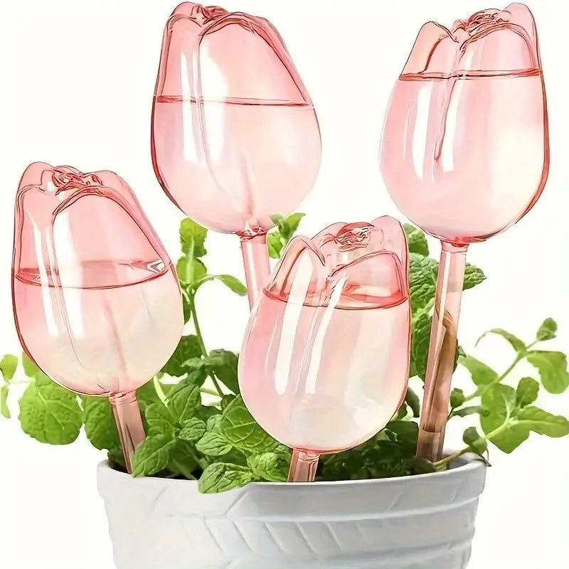 Pink Tulip Self-Watering Plant Globes — Automatic Indoor & Outdoor Drippers 9.4in x 2.6in (24cm x 6.5cm)