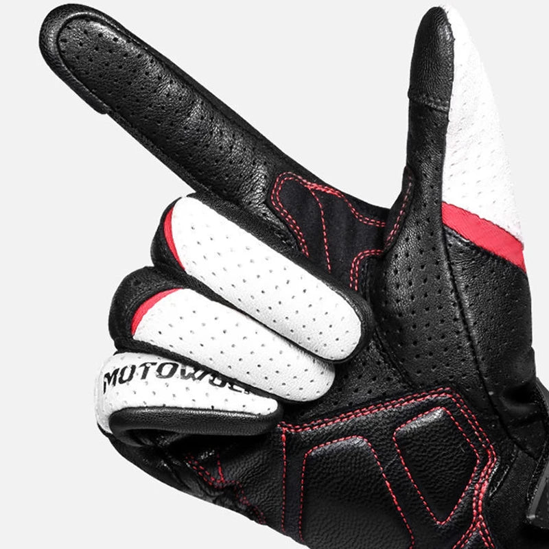 Black/White Leather Motorcycle Gloves — Waterproof Racing Riding Gloves for Men, Breathable Protective Biker Gloves
