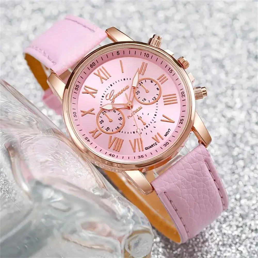 6-Piece Women's Quartz Watch Set — Leather Bands, Heart Rhinestone Analog Watches, 42mm (1.65in) Dial