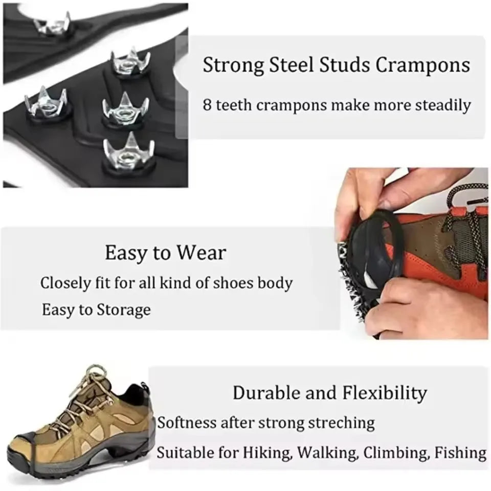 8-Spike Ice Grippers for Shoes — Universal Fit Ice Crampons, Anti-Slip Traction for Winter Hiking & Snow