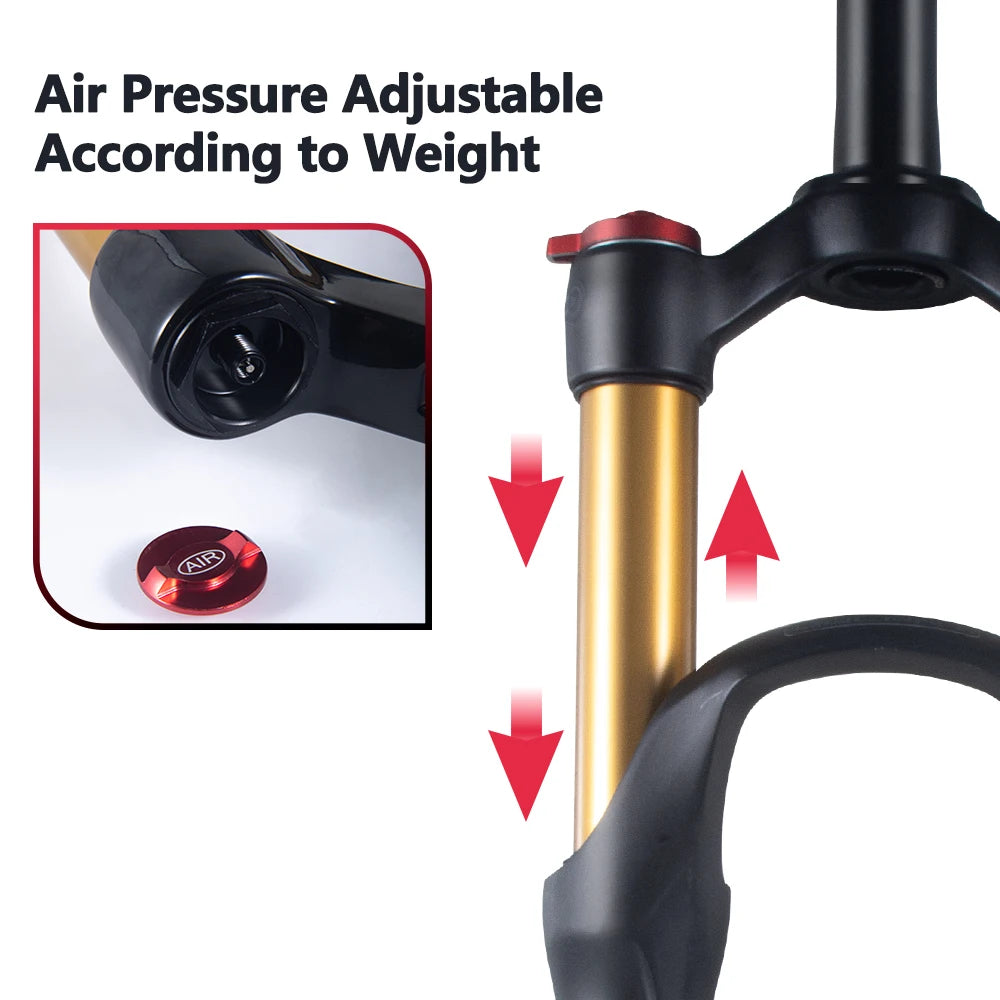 MTB Air Suspension Fork — 120mm Travel, Rebound Adjustable, 26/27.5/29 in, 9x100mm Quick Release, Disc Brake Compatible