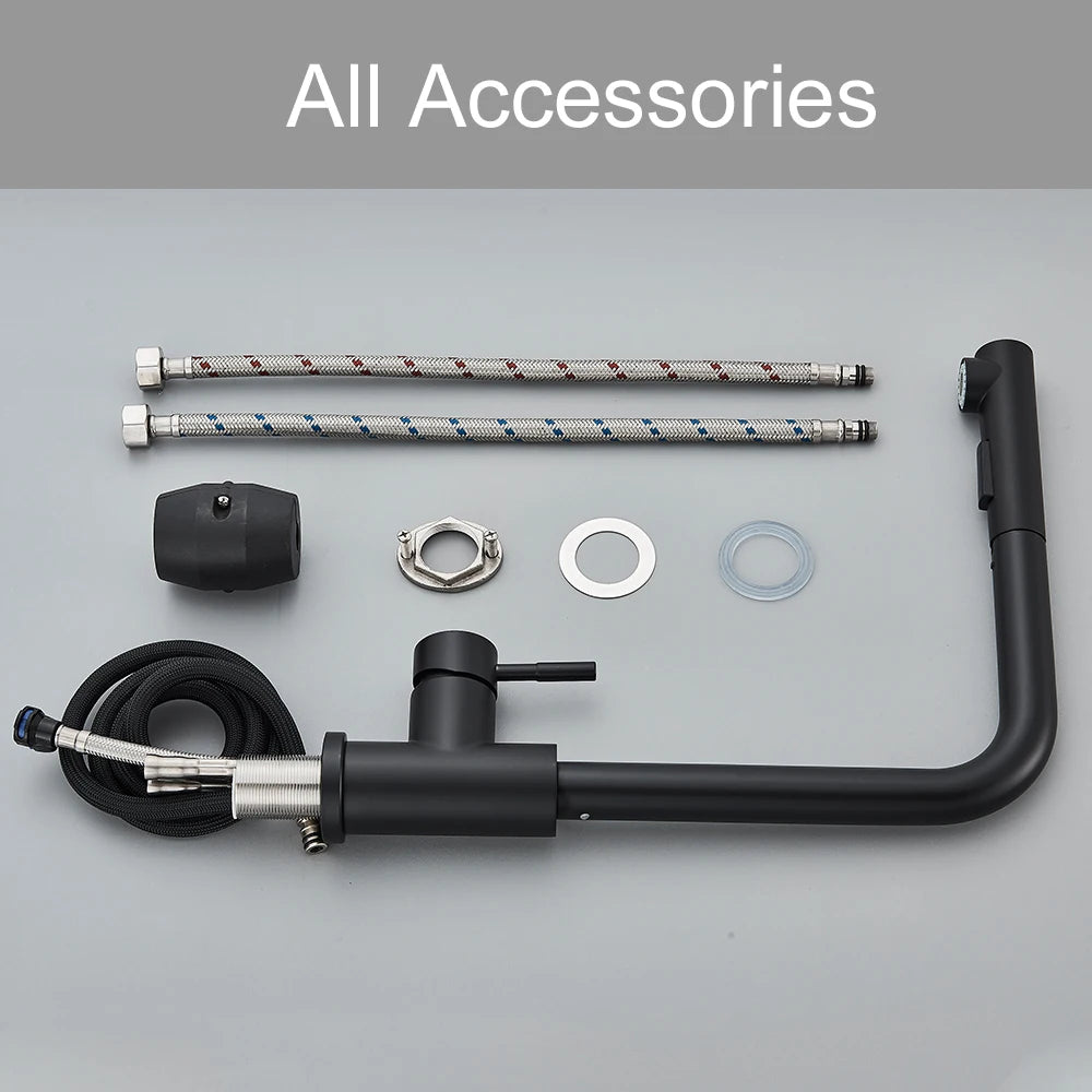 Black Pull-Out Kitchen Faucet Retractable Spray Single-Handle Deck-Mounted Mixer Tap Hot & Cold