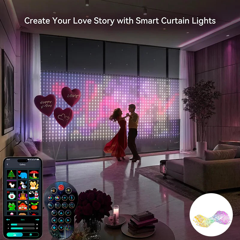 LED RGBIC Smart Curtain String Lights USB Powered App & Remote Control, Music Sync DIY Patterns, IP67 Waterproof — 1.6×1.6 m (5.25×5.25 ft) or 2.4×2.4 m (7.87×7.87 ft) for Bedroom Party Outdoor