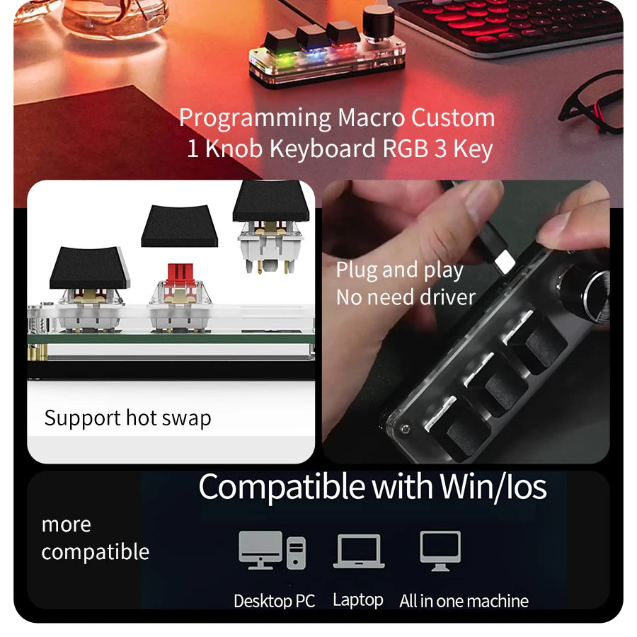 RGB Mechanical Macro Pad — 3-Key Programmable Mini Macropad with Knob, Hot-Swap USB-C for Photoshop & Gaming