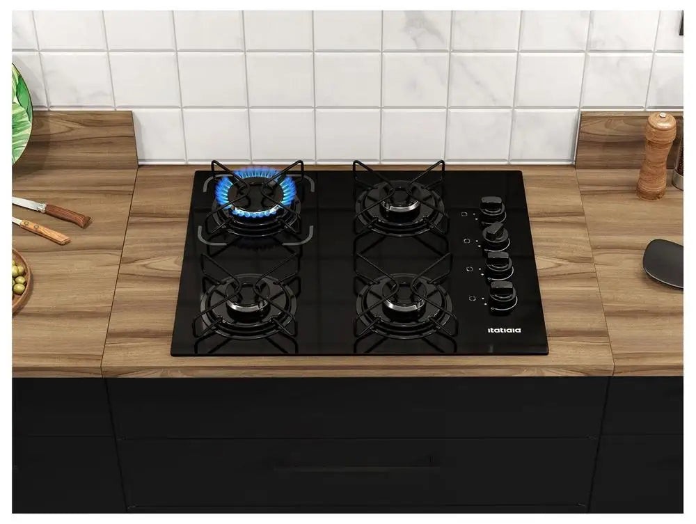 4-Burner Gas Cooktop (LPG/NG) Black - 6mm Tempered Glass Top, Bivolt