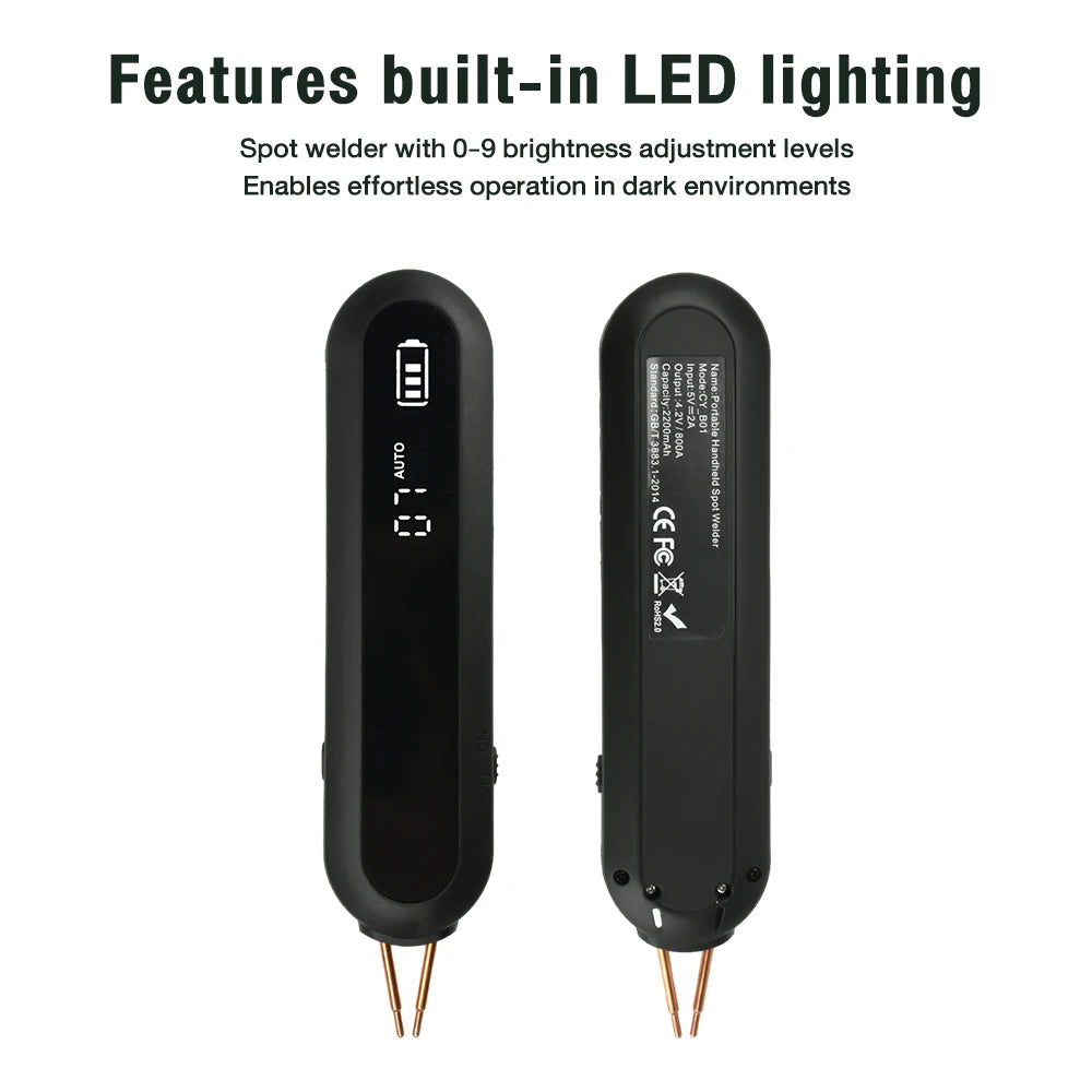 Handheld Portable Spot Welder Kit – 12 Power Levels, Built-In 2200mAh Battery, LED Work Light, Type-C Charging & Nickel Strips