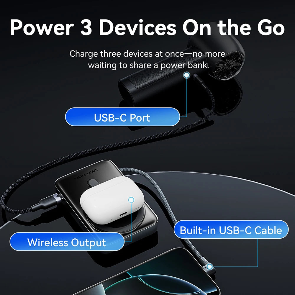 35W 10000mAh Qi2 Magnetic Power Bank 15W Wireless Fast Charger with Built-in USB-C Cable and Foldable Stand