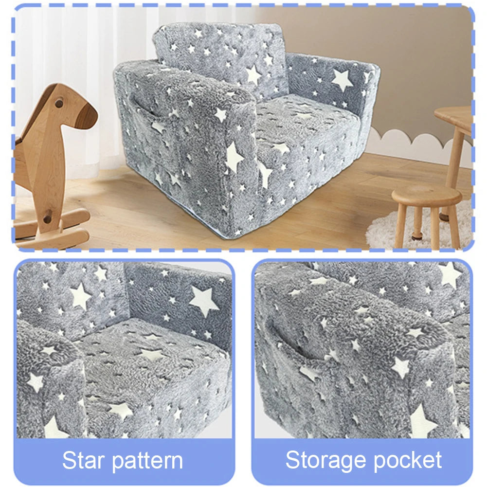 Glow-in-the-Dark 2-in-1 Toddler Sofa Chair Fold-Out Plush Kids Couch for Playroom & Bedroom