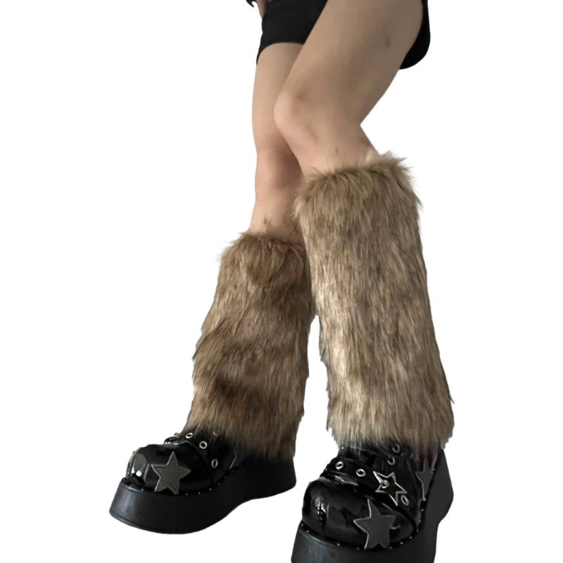Faux Fur Leg Warmers Knee-High Boot Covers – Plush Y2K Goth Punk Warm Socks