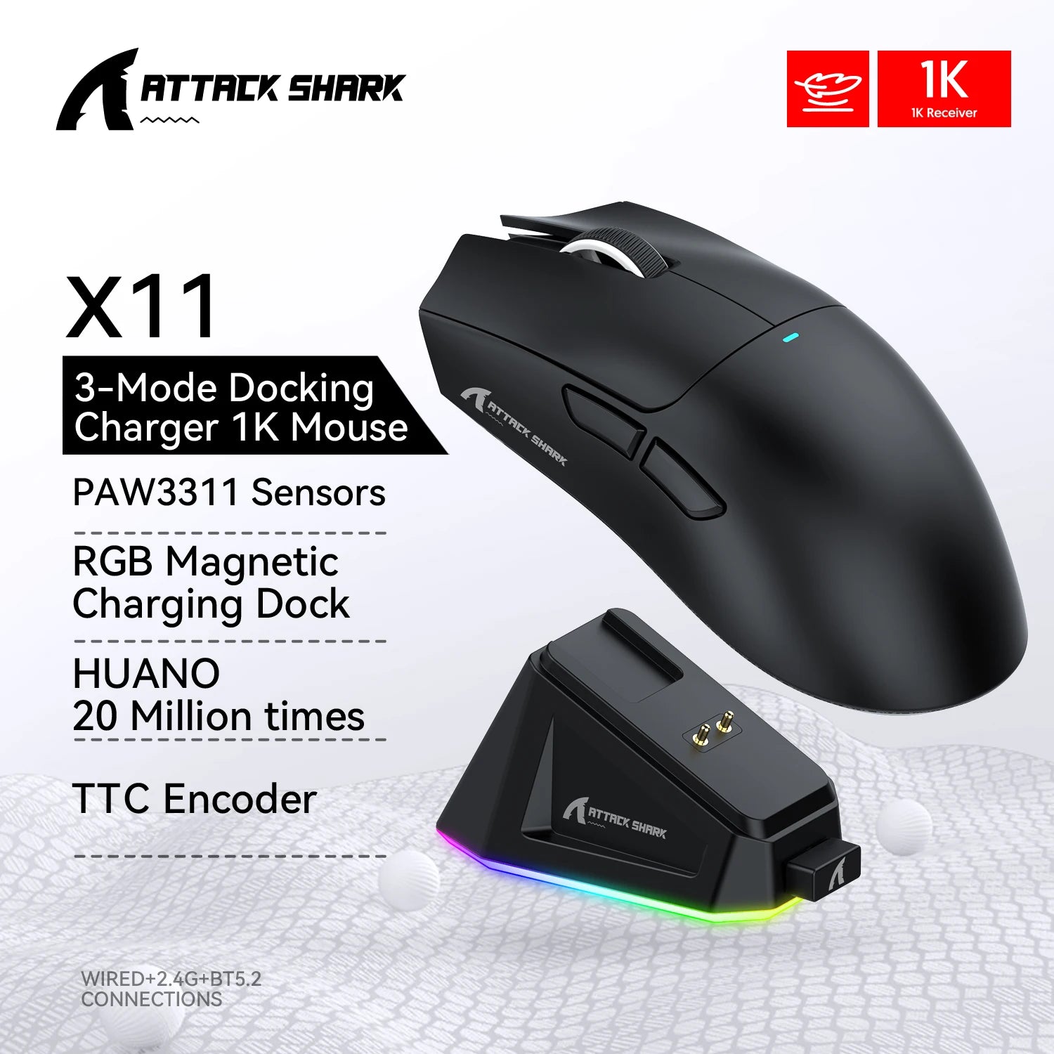 Tri-Mode Wireless Gaming Mouse — 22,000 DPI, 63g Superlight, Bluetooth / 2.4G / USB-C, Programmable Buttons