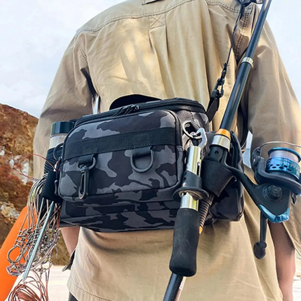 Waterproof Oxford Fishing Tackle Bag - Shoulder Crossbody Rod Holder with Multi-Pocket Storage